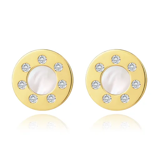 Puzetové náušnice ze žlutého 14K zlata - kruh, čiré zirkony, přírodní perla