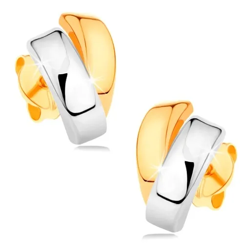 Blýskavé náušnice ze 14K zlata - dvoubarevné zahnuté linie, puzetové zapínání