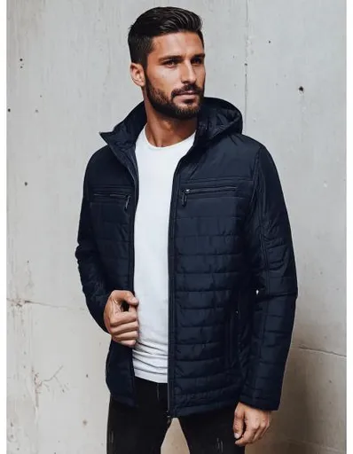 Pánská prošívaná bunda s kapucí, tmavě modrá