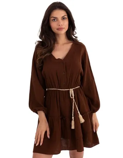 Mušelínové šaty s pleteným páskem tmavě hnědé