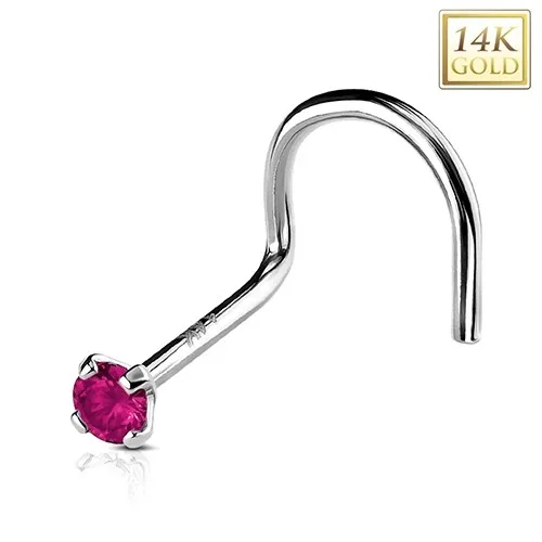 Zlatý 14K zahnutý piercing do nosu, kulatý tmavě růžový zirkon, 2 mm