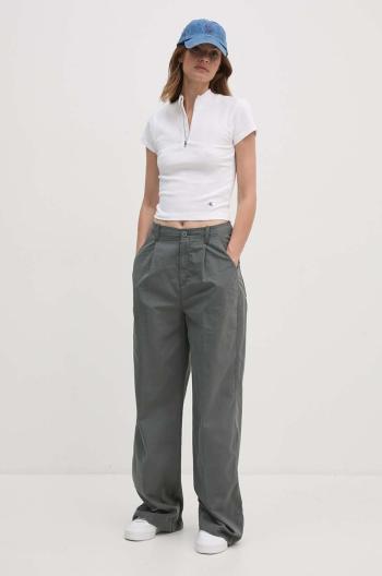 Kalhoty Calvin Klein Jeans dámské, šedá barva, střih chinos, high waist, J20J223585