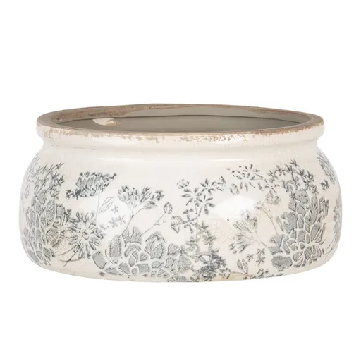 Keramický květináč se šedými květy Valeria - Ø 20*8 cm 6CE1254M