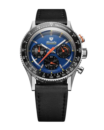 Nivada Grenchen Chronoking Mecaquartz Racing Blue - Inter. Bezel - Black Leather