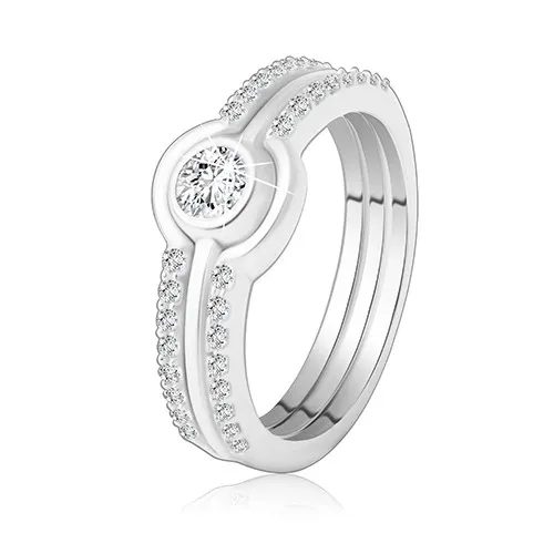 Trojdílná sada tří prstýnků z 925 stříbra - malé lesklé zirkony, čirý zirkon v objímce - Velikost: 49