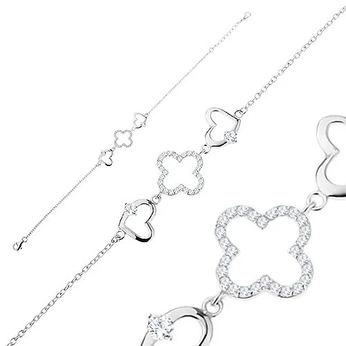 Stříbrný náramek 925, drobná očka, obrysy srdíček a květu, čiré zirkony