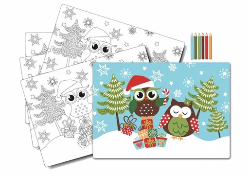 TORO Prostírání "sova vánoce"-omalovánky s pastelkami, 5 ks
