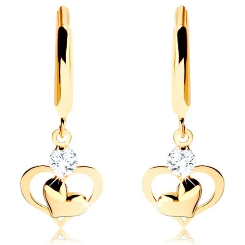 Briliantové zlaté náušnice 585 - lesklý kruh s visícím diamantem a srdíčky