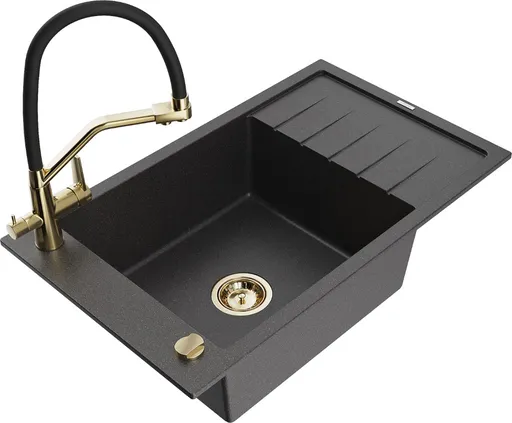 MEXEN/S Elias granitový dřez s odkapávačem včetně baterie Duo, černá kropenatá 6511-76-671701-57-G