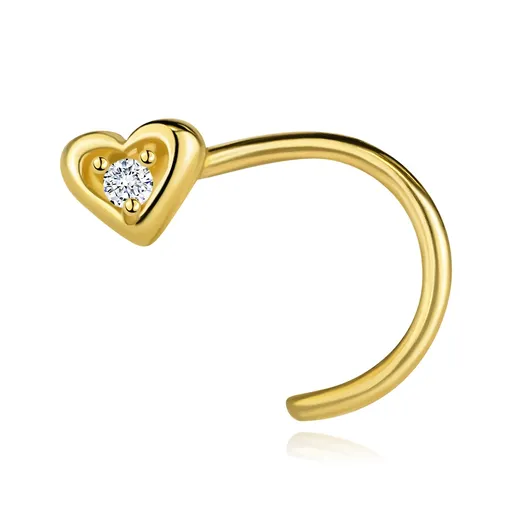 Zlatý zakřivený piercing do nosu 14K se srdcem a čirým zirkonem
