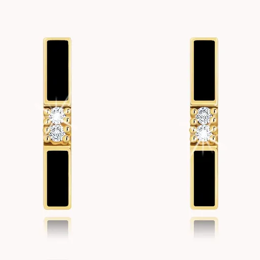 Náušnice ve žlutém zlatě 585 - zalomený proužek s černou glazurou, čiré zirkony