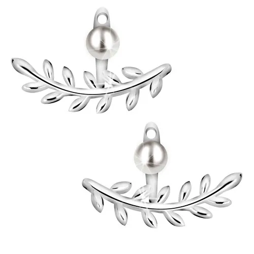 Náušnice ze stříbra 925 - lesklá větvička s listy, kulatá perla bílé barvy