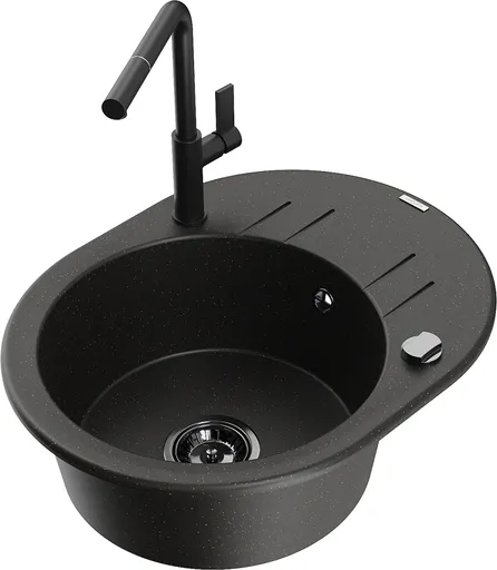 MEXEN/S Kevin granitový dřez 1-miska s odkapávačem včetně baterie Flora, černá/zlatá metalik 6517-75-670401-70-B