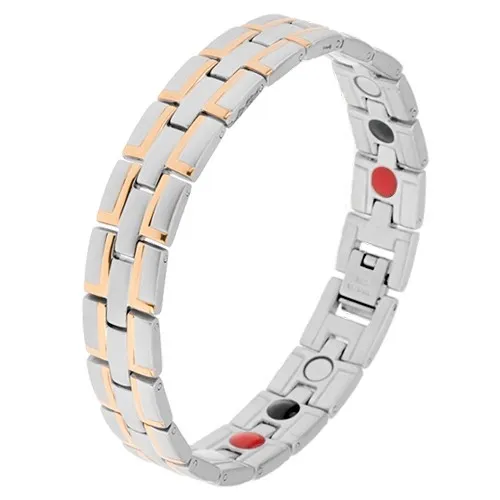 Ocelový náramek matné stříbrné barvy, linie "L" ve zlaté barvě, magnety