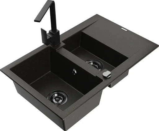 MEXEN/S Gaspar granitový dřez 1.5 s odkapávačem včetně baterie Rita, černý/zlatý  6507-75-670300-70-B