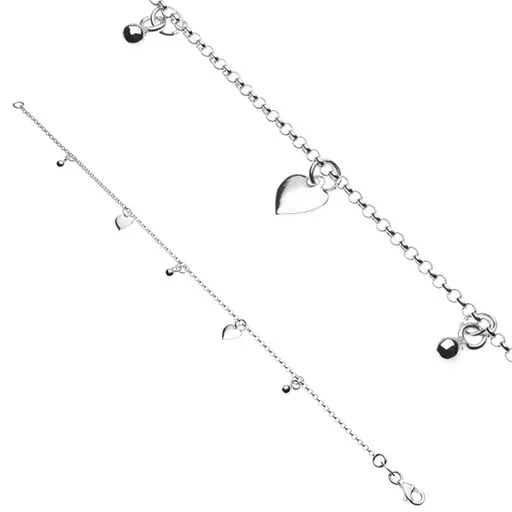 Řetízek na ruku ze stříbra 925 - lesklá srdíčka a kuličky