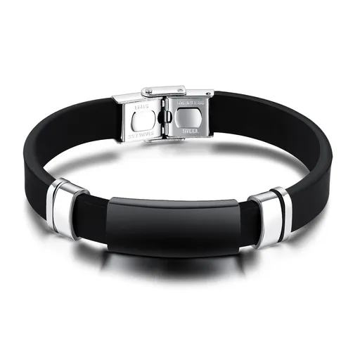 Náramek s gumovým řemínkem a lesklou černou destičkou z oceli