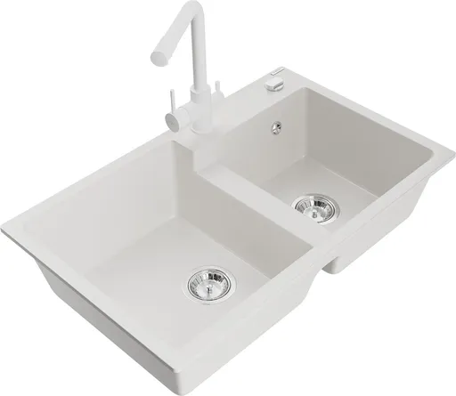 MEXEN/S Tomas granitový dřez 2-bowl včetně baterie Duero, bílá 6516-20-671600-20