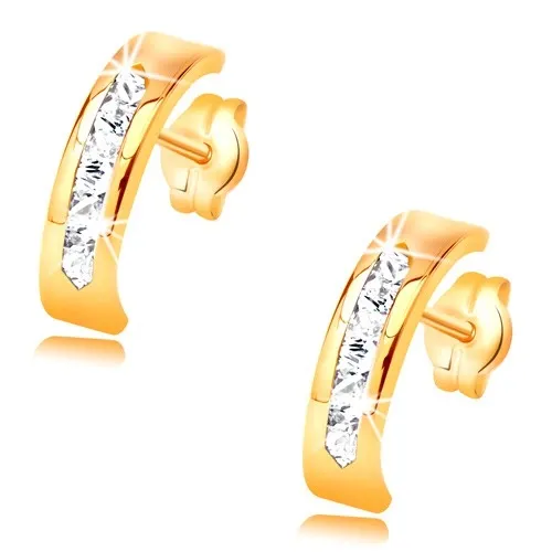 Náušnice ze žlutého 14K zlata - oblouk zdobený linií čirých zirkonů