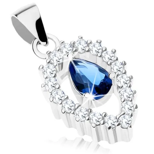 Stříbrný přívěsek 925, čirý obrys obrácené kapky, modrá zirkonová slza