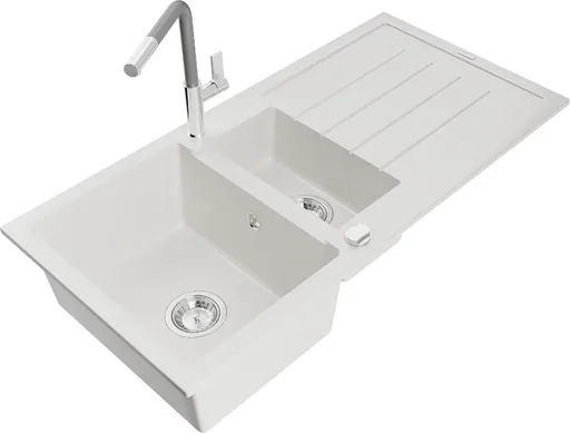 MEXEN/S Andres granitový dřez s odkapávačem včetně baterie Flora, bílá 6515-20-670401-06