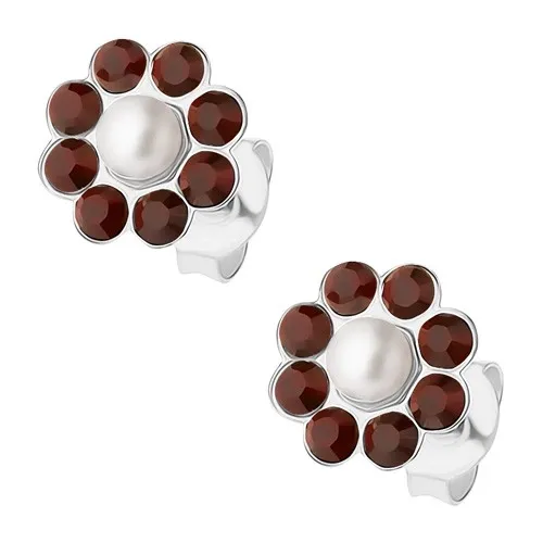 Stříbrné 925 náušnice, kvítek z bílé perličky a tmavých bordó krystalků