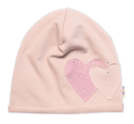 Baby Nellys Dětská čepice bavlna, Srdíčka s kamínky,  béžová vel.  104/134