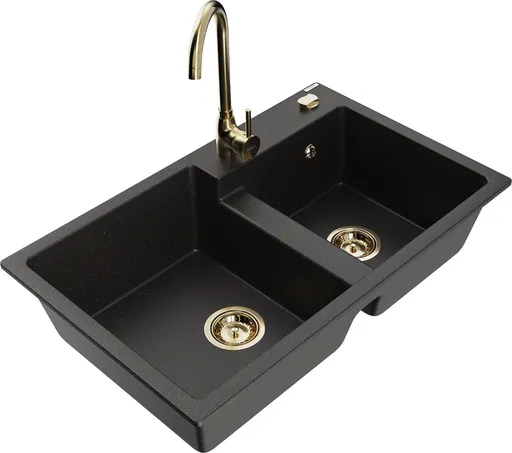 MEXEN/S Tomas granitový dřez 2-bowl včetně baterie Telma, černá/zlatá metalik 6516-75-670200-50