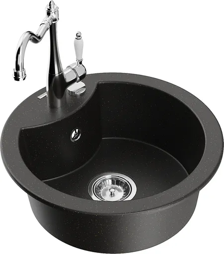 MEXEN/S Diego granitový dřez 1-miska včetně baterie Carla, černá/zlatá metalik 6512-75-670700-00