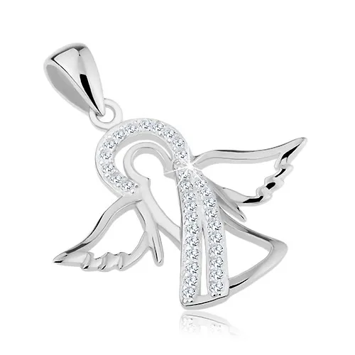 Přívěsek ze stříbra 925, lesklá kontura anděla, čiré zirkonové linie