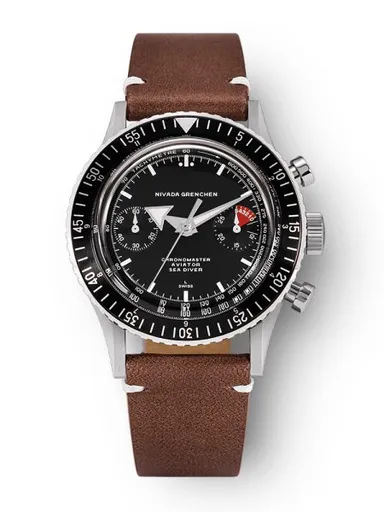 Nivada Grenchen Chronomaster White Broad Arrow Inter. Bezel - Manual - Brown leather White Stitching