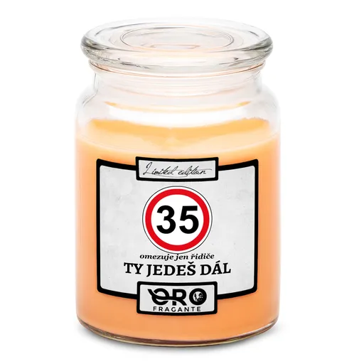 Svíčka Ty jedeš dál – výběr věku (věk: 35, Vůně svíčky: Tropické ovoce)