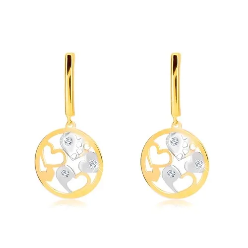 Náušnice ve 14K zlatě - úzký pás, kruh s dvoubarevnými srdíčky, zirkony