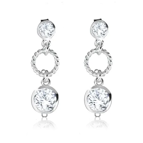 Puzetové náušnice ze stříbra 925, čiré zirkony, zdobený obrys kruhu