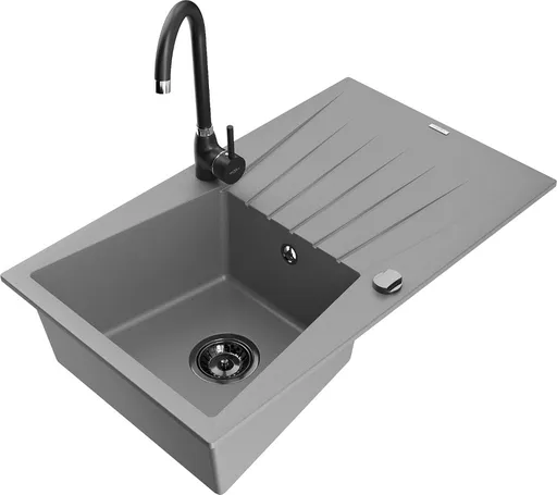 MEXEN/S Cesar granitový dřez s odkapávačem včetně baterie Telma, šedá 6514-71-670200-70-B