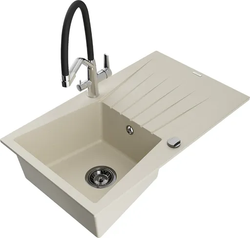 MEXEN/S Cesar granitový dřez s odkapávačem včetně baterie Duo, béžová 6514-69-671701-07-B