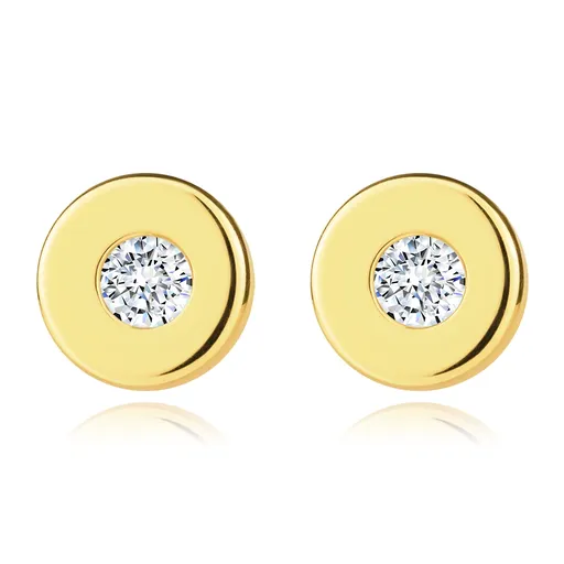 Zlaté 14K náušnice ze žlutého zlata - hladký kruh s čirým zirkonem uprostřed