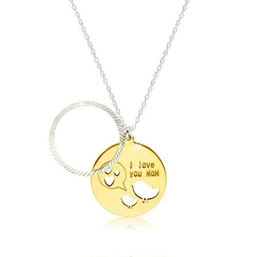 Lesklý náhrdelník ze stříbra 925 - kruhová známka s nápisem, ptáčky a srdíčky