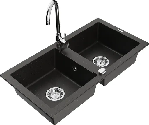 MEXEN/S Mario granitový dřez 2-bowl včetně baterie Telma, černá/zlatá 6504-75-670200-00