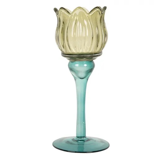 Tyrkysovo-zelený skleněný svícen tulipán Colorful Garden - Ø 7*19 cm Clayre & Eef