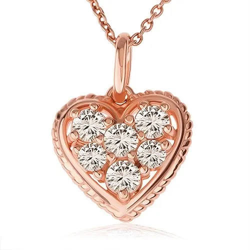 Stříbrný 925 náhrdelník, čiré zirkonové srdce s vroubkovaným lemem, měděná barva