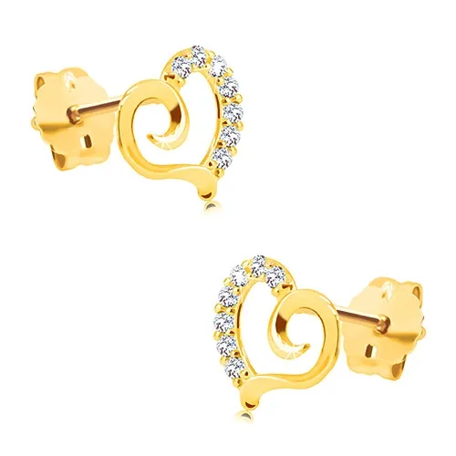 Náušnice ze žlutého zlata 585 - kontura asymetrického srdce se zirkonovou polovinou