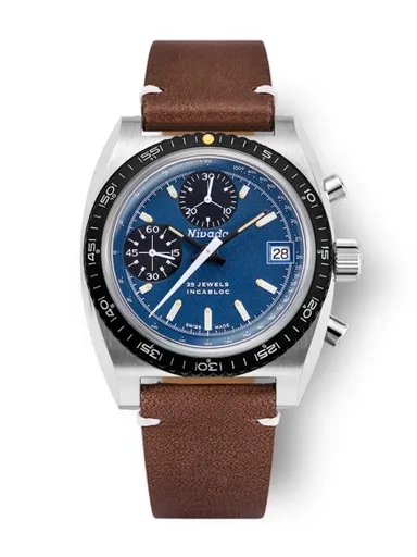 Nivada Grenchen Chronosport Blue Automatic - Brown Leather White Stitching