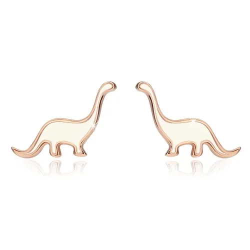 Stříbrné náušnice 925 - dinosaurus měděné barvy ozdobený bílou glazurou, puzetky