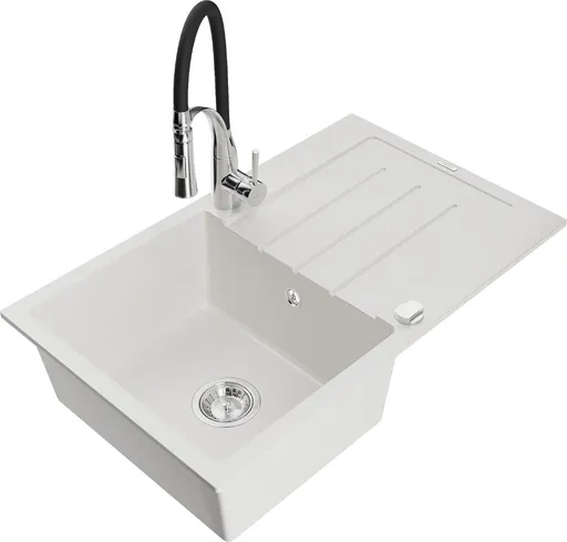 MEXEN/S Bruno granitový dřez s odkapávačem včetně baterie Aster, bílá 6513-20-73450-07