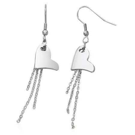 Visací ocelové náušnice, nesouměrné srdíčko s řetízky