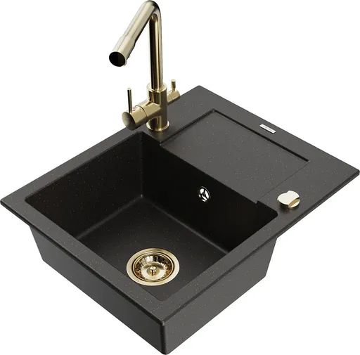 MEXEN/S Enzo granitový dřez 1-miska s odkapávačem včetně baterie Duero, černá/zlatá metalik 6506-75-671600-50