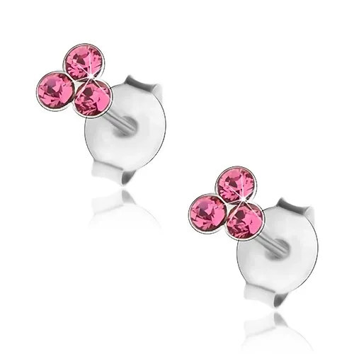 Náušnice ze stříbra 925, trojice růžových krystalků Swarovski