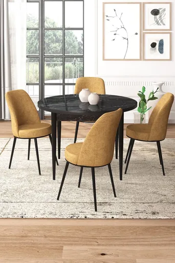 Dining Table & Chairs Set (5 Pieces) Tor - Black Marble, Cappuccino
