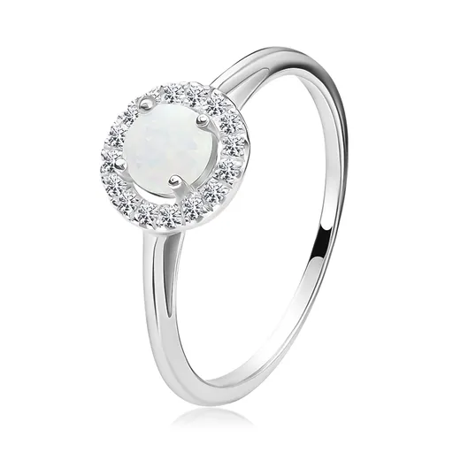 Prsten ze stříbra 925 - bílý syntetický opál, kruh se zirkony, dvojitá ramena - Velikost: 47